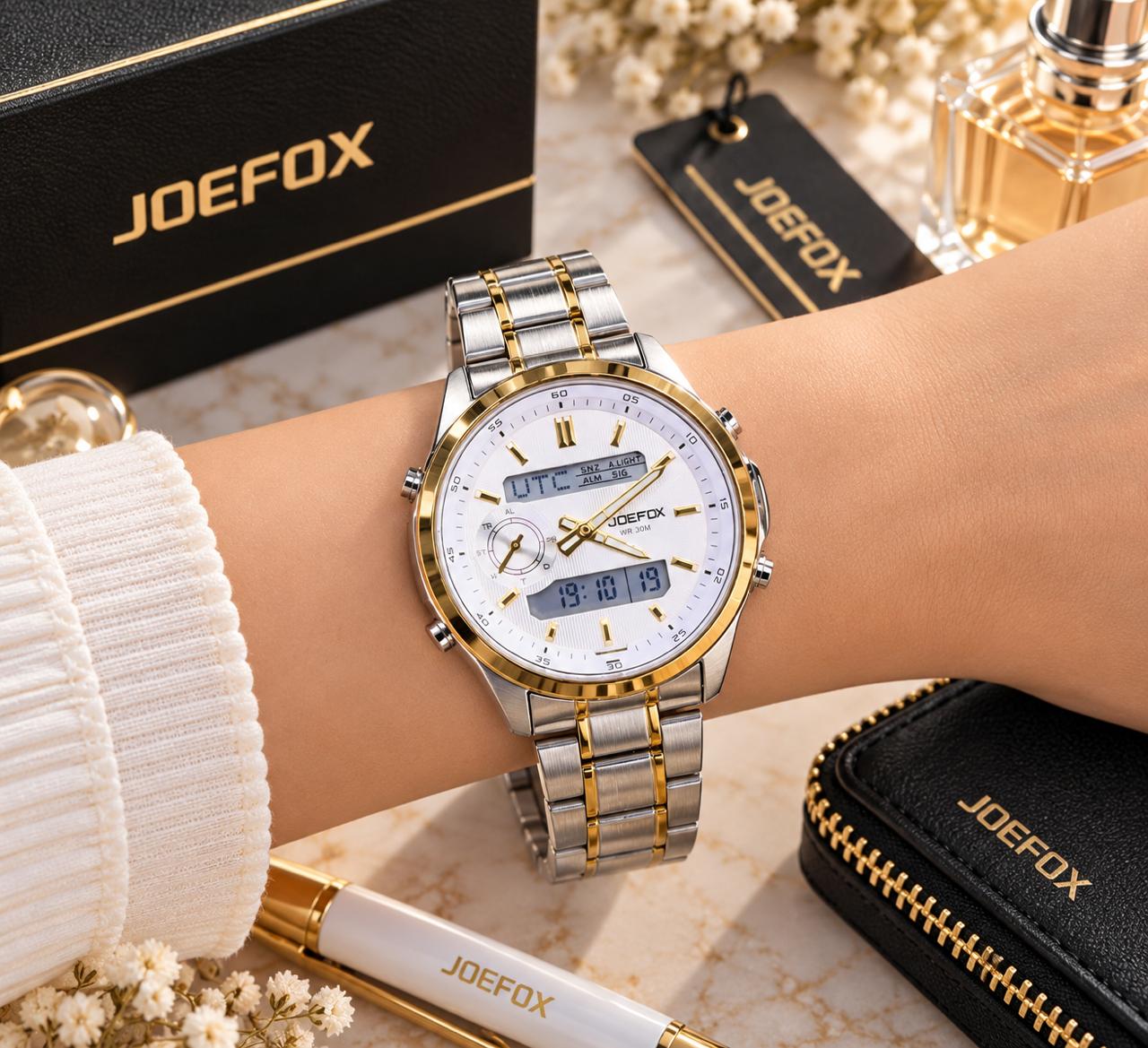 Joefox Doble Hora Manilla En Acero — Reloj analógico-digital (frontal)