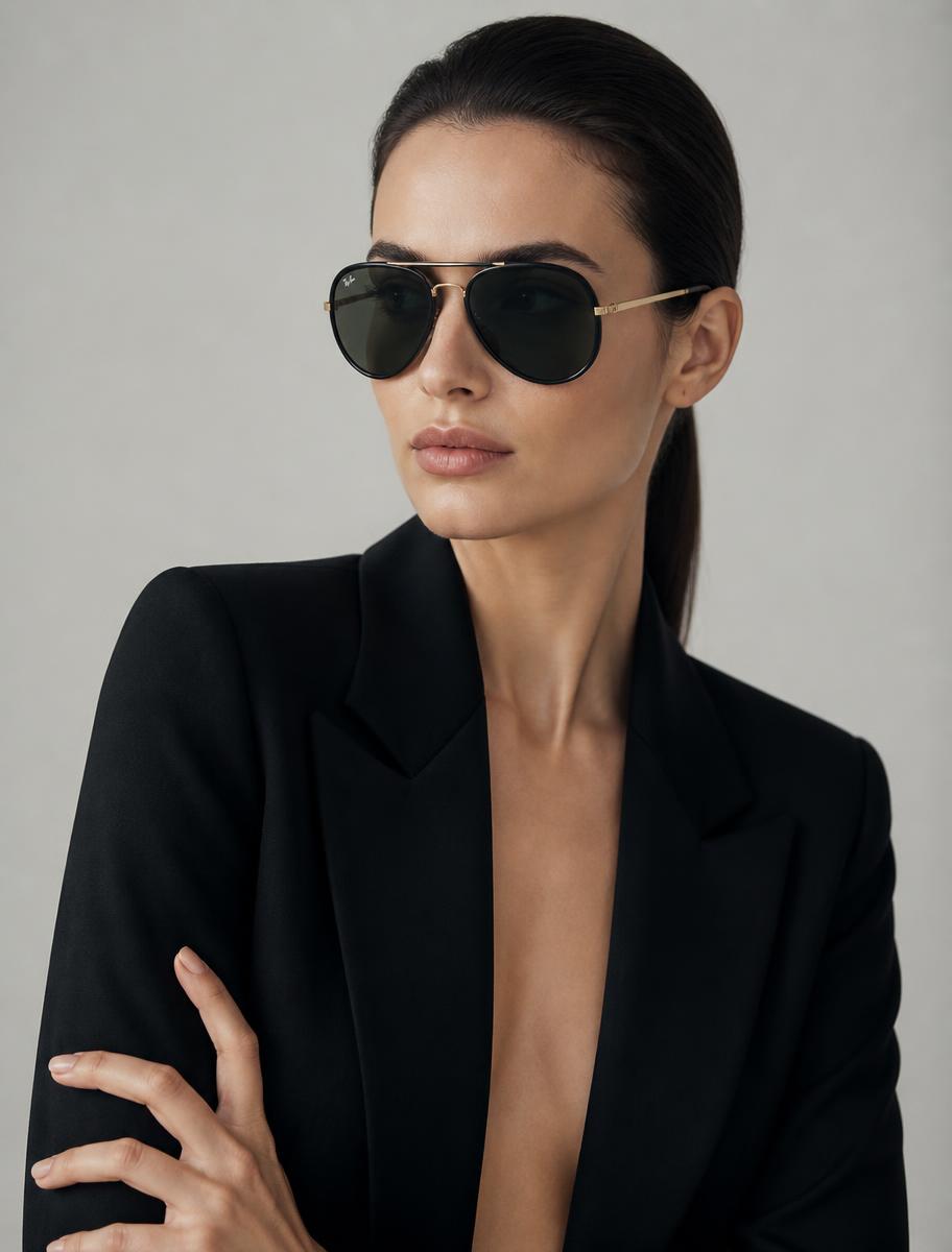 Modelo mujer con gafas de sol Ray-Ban aviador
